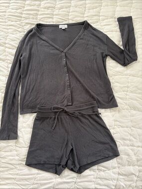 LOVE by GAP Women’s Ribbed Button-Front Lounge Set - Charcoal
